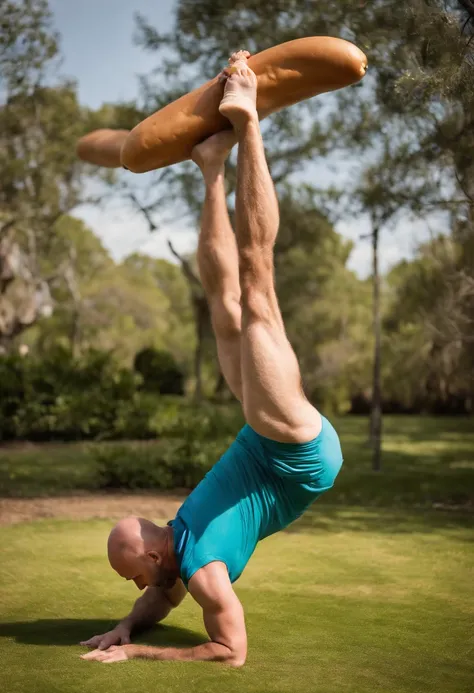 Hotdogfingers attempting to do a handstand at a yoga class,original,He’s a middle aged man who is balding but the star of the show is that his fingers are hot dogs