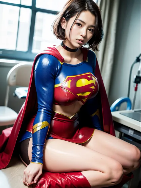 ​masterpiece,Short-haired supergirl spreading her thighs on a hospital operating table、large full breasts、Looking at the camera、Glossy enamel costume、Glossy red enamel long boots、Shiny red skirt、a choker、Glimpse、Fluttering cloak、seduces、sexypose、shame、Insu...