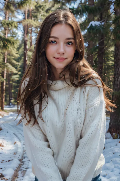 European girl with brown hair, blue eyes, long hair, beautiful face, pale face, beautifully styled hair, thin lips, rosy cheeks, standing against the backdrop of snowy forest in a thick sweater, warmjeans, sunny winter day, smile, full growth, right hands ...