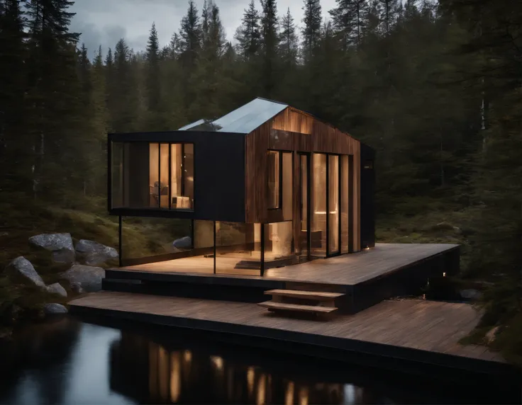 Exterior image of a tiny house duplex house in a Scandinavian nature, standing wood panel, avantgarde, waterfall, panorama glass windows, forests, waterfall inside atrium, rocks, natural pond of water, inspired bu architect Zaha Hadid