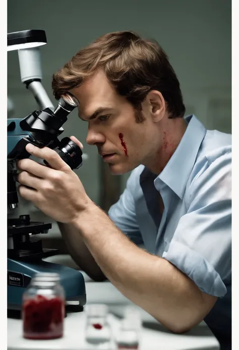 A photo of Dexter carefully examining a blood-spattered shirt under a microscope,original,michael c hall