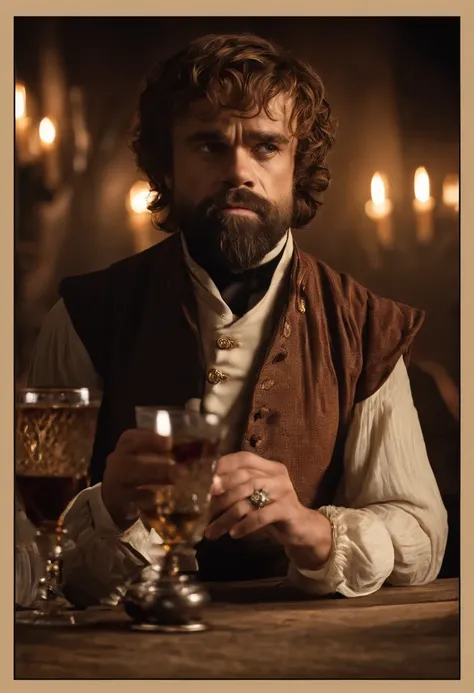 The image is of Tyrion sitting at a dimly lit tavern, surrounded by a motley crew of misfits, engaging in lively conversation and laughter.,Game of Thrones TV series,Tyrion Lannister, a prominent character from “Game of Thrones,” is distinctive for his sho...