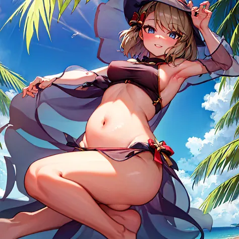 (best quality,4k,8k,highres,masterpiece:1.2),ultra-detailed,(Realistic, highres, detailed:1.2), busty girl, squatting, bikini, vibrant colors, beach setting, sunny day, golden sunlight, sparkling water, sandy shore, tropical atmosphere, palm trees, gentle ...