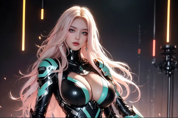 (masterpiece), best quality, expressive eyes, perfect face, beautiful details face, beautiful round eyes, full body, A beautiful mature woman in cyber armour suit shows her Extremely busty and attractive breasts, (arrogant face), (platinum pink hair), (bob...