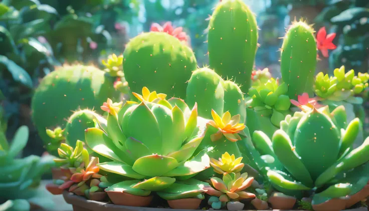 Succulents、potted plant、glasshouse、wide variety of succulents、Beautiful, large flowers bloom on a succulent plant that resembles a cactus.、Botanical Garden、best composition、masutepiece、Photorealsitic、ultra-detailliert