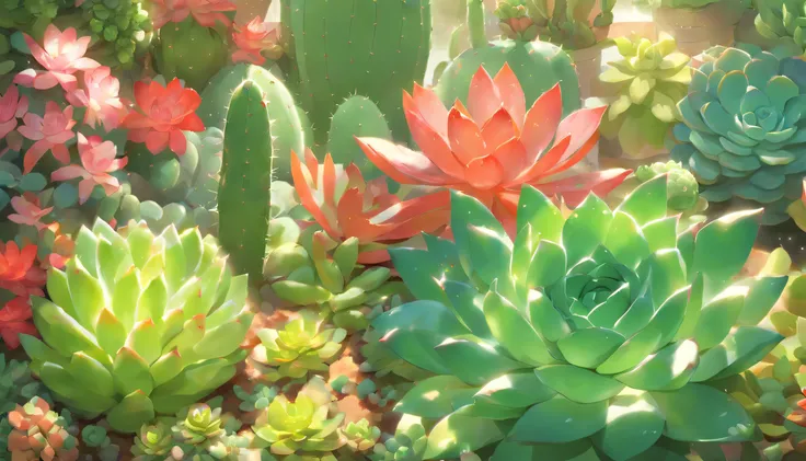 Succulents、potted plant、glasshouse、wide variety of succulents、Beautiful, Large flowers bloom on a succulent plant that resembles a cactus..、Botanical Garden、best composition、masutepiece、Photorealsitic、ultra-detailliert