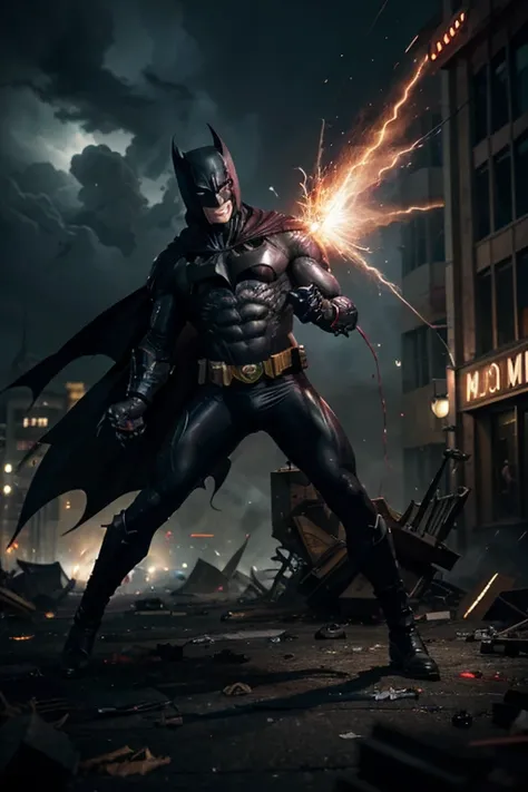 Demonic Batman with dark aura around, agressively spinning around in circle with his claws creating blasts of wind and an aura explosion, torned clothes flying in circle, wearing cybernetics enhancements, occult symbol under him on the ground, epic and dyn...