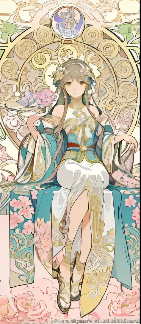 a painting of a woman sitting on a chair with flowers, anime art nouveau, alphonse mucha and rossdraws, alphonse mucha style, korean art nouveau anime, flat shading mucha, in style of alphonse mucha, demura and alphonse mucha, anime art nouveau cosmic disp...