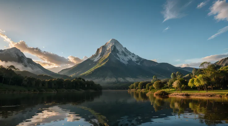 RAW Photo of Mt. masterpiece), the majestic Mount Indonesian, Mount Indonesian reflected on the surface of the lake, beautiful trees, overlapping morning sunlight,