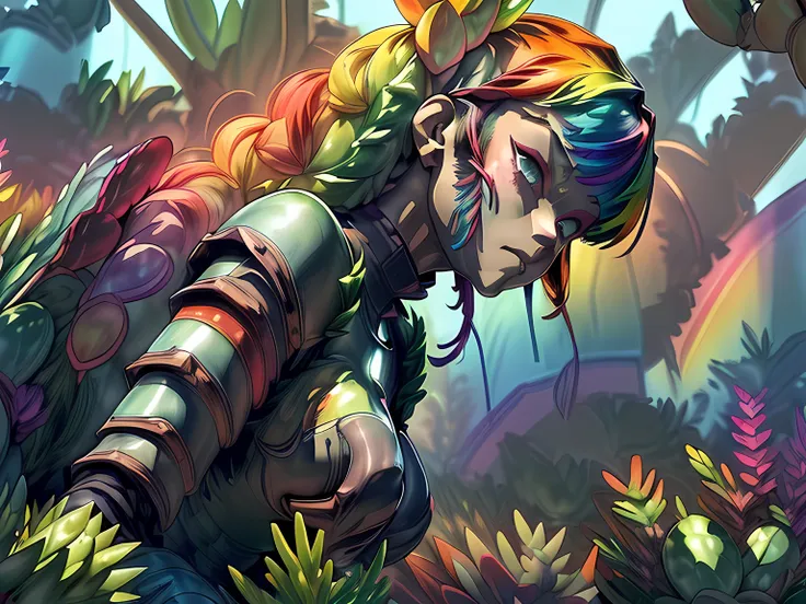 a picture of a mecha woman resting in a rainbow colored succulents meadow, full body, an exquisite beautiful (ultra detailed, ma...