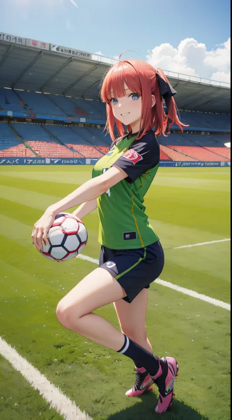 Nino Nakano riendo,manos detalladas,Pose sexy,soccer uniform,field playing soccer