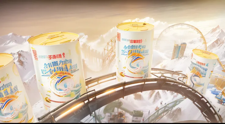 There are four cans of sunscreen on the roller coaster, Covered with Chinese ads, high quality topical render, ProductAdvertisements, peak experience ”, c 4 d ”, 3D product rendering, by Ni Yuanlu, intense fantasy, jia, 3d product, ProductAdvertisements, S...