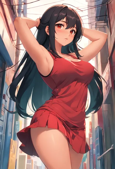 Voluptuous, curvy Mexican woman with long black hair and messy bangs, brown skin, brown eyes, full red lips. Wearing a red tank top, and a black skirt. Heavier and curvy woman. Heavy breasts, heavy hips.