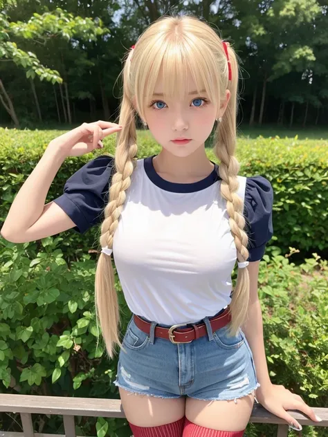 1 girl angry look、blonde、long bangs between the eyes,、Super long bright blonde straight hair、twintails, red bows in hair、Very cute beautiful sexy young little woman、Very perfect beautiful cute face、Glowing big bright light blue eyes、15yo student、Beautiful ...