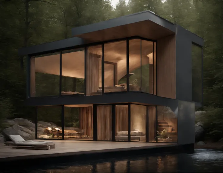 Exterior image of a tiny house duplex house in a Scandinavian nature, standing wood panel, avantgarde, waterfall, panorama glass windows, forests, waterfall inside atrium, rocks, natural pond of water, inspired bu architect Zaha Hadid