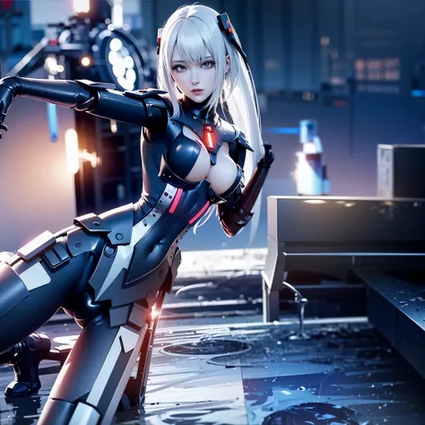 Close-up of a woman wearing futuristic clothing on the platform, Mecha network armor girl, From《Azur route》videogame, cyberpunk anime girls mecha, perfect android girl, Robot - Girl with Silver Hair, azur lane style, female cyberpunk anime girl, Internet l...