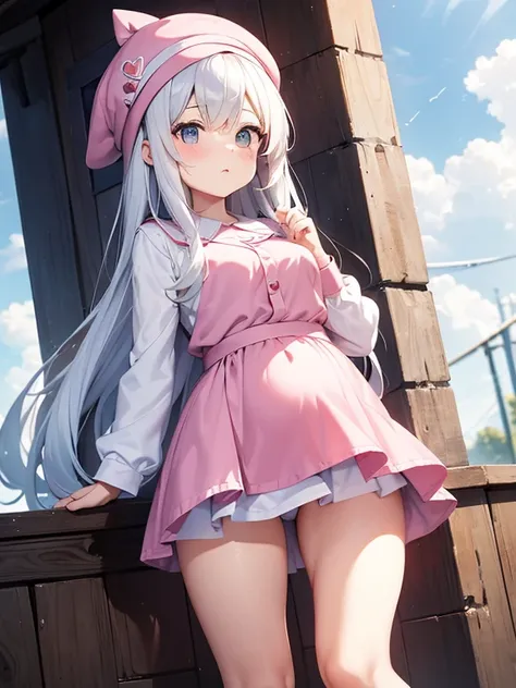 The woman has long white hair down to her waist, wears a cute pink hat, wears pink casual clothes and wears a fairly small skirt with white socks covering her legs up to her thighs, Pregnant.