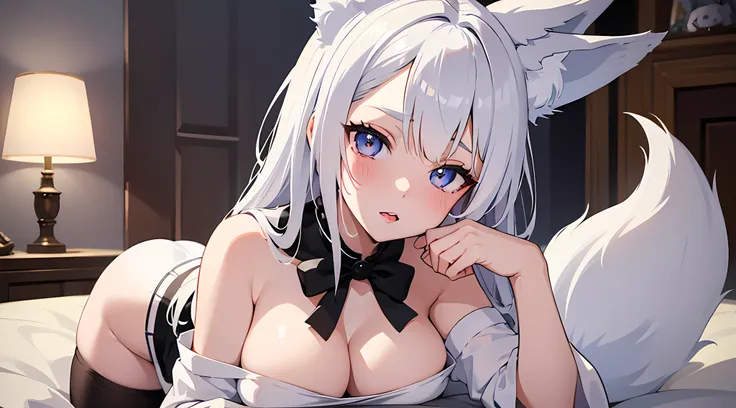 (1 girl with fox ears and fox tail) a close up waifu doing a pose in living room, big breast, white dress, short skirt, white hair, (full body:0.6), blushed face, gothic style, pixiv contest winner, best anime artstyle, extremely detailed eyes, beautiful e...