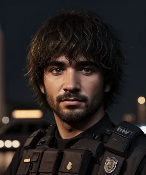 1male, Masterpiece, 4k, ultra realistis, policeman, The background of the night night of the city, Carlos Oliveira, Portrait, Black shaggy hair