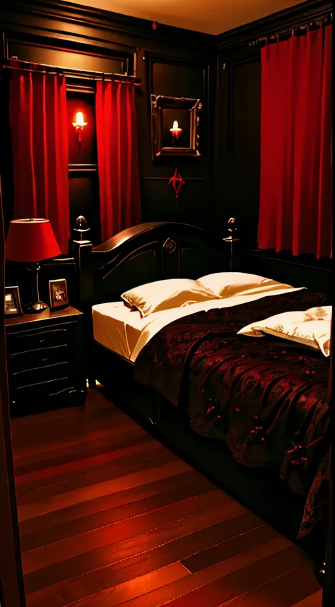 Photography, small bed with red and black coloration, dark wooden nightstand, (Gothic bedroom, Gothic), Dim light, Dark wallpaper, curtains, waxy candles, Satan painting, decorations, wooden floor, dark night