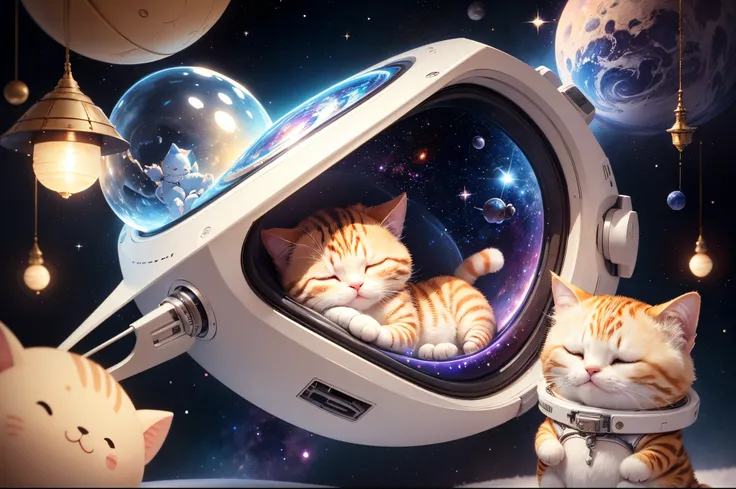 (absurderes、hightquality、8K、Ultra HD、full body Esbian)、Cute baby cat is sleeping happily inside a spaceship、In outer space、Looks good、kawaii、intricate and detailed watercolor painting、Digital Painting、Fantasia