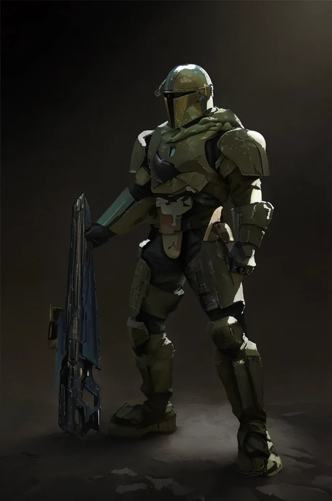 Helmet becomes Mandalorian style，The breastplate is thickened Mandalorian style，The overall color is aqua blue and greenish，The color under the armor is iron gray