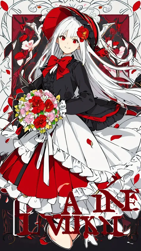 masterpiece, best quality, 1girl, solo, long_hair, looking_at_viewer, white hair, red eyes, smile, bangs, skirt, shirt, long_sleeves, hat, dress, bow, holding, closed_mouth, flower, frills, hair_flower, petals, bouquet, holding_flower, center_frills, bonne...