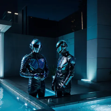 Iridiscent ice blue metallic sculpture of Daft Punk. Background is a liminal swimming pool. Hyper realistic, 8K, Masterpiece, Painting, realistic, Neon lights in background.