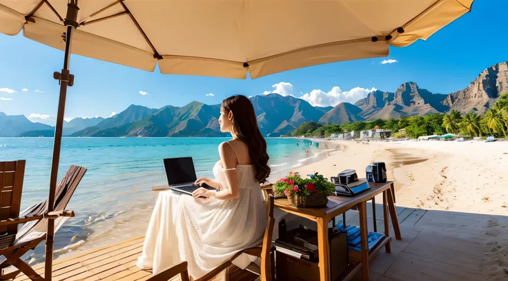 On the beach, In the dazzling sunshine, An elegant woman with long hair wearing a white dress is sitting on a chair under a large umbrella and using a computer, Surrounded by beautiful mountains and sandy beaches,I can see the horizon in the distance,