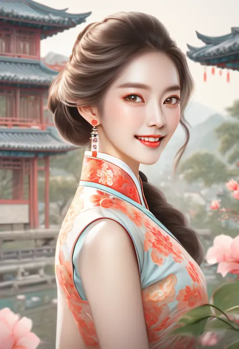 colored pencil drawing, a beautiful woman wearing cheongsam, standing in the garden, A shallow smile, looking at viewer, elegant, korean
beauty, fair and smooth skin, sharp eyes, finely detailed eyes, Chinese buildings in background, petals floating, sweet...