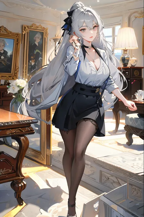 1 girl! Ray tracing, best shadows, high resolution (dim lighting) detailed background (living room) fluffy silver hair, plump and slender girl, high ponytail avoiding golden eyes in the ominous living room (girl wearing white shirt, black wrinkled skirt, w...