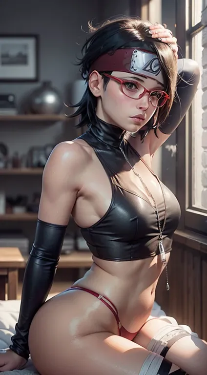 obra-prima, sedutora, intimate:1.3), Sarada Uchiha, sozinha em casa, (Sala de estar:1.2), wearing nothing but a set of sloppy red lingerie, (red eyewear:1.2), (Konoha headband:1.5), (costas perfeitamente arqueadas:1.2), (olhar atraente:1.2), (fluid dark br...