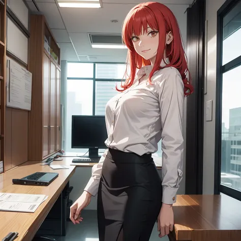 A modern office indoors, with Makima from Chainsaw Man standing alone and looking back from behind. She is dressed in a casual shirt, pencil skirt, and pantyhose. She has red hair with bangs and wears a kind smile, with a touch of blush on her cheeks. The ...