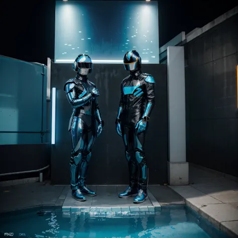 Iridiscent ice blue metallic sculpture of Daft Punk. Background is a liminal swimming pool. Hyper realistic, 8K, Masterpiece, Painting, realistic, Neon lights in background. Dramatic. Film poster effect. Retro effect, fujifilm camera look.