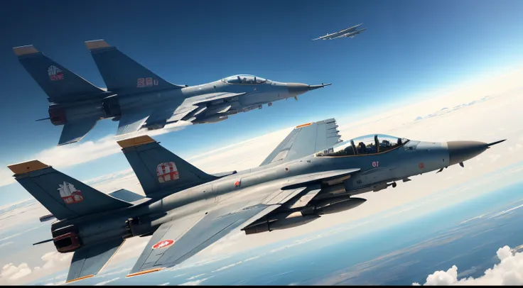 Chinese Air Force, Chinese fighter jets soaring in the sky, aerial view, side view, masterpiece, 8k.