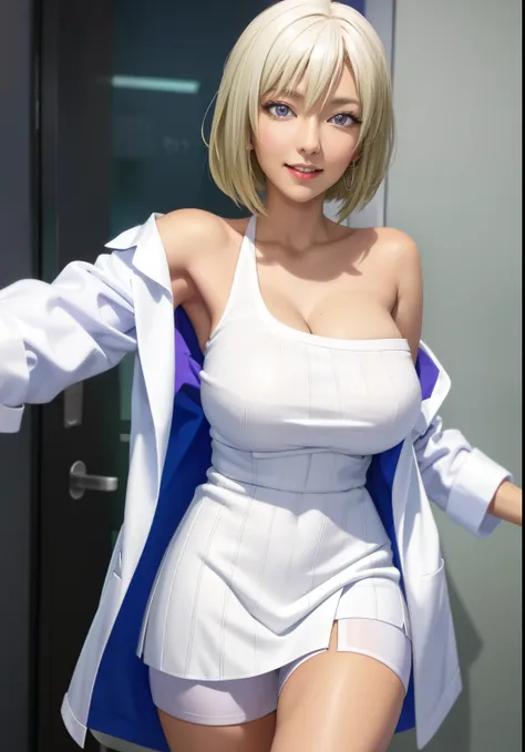 Posing anime character wearing short skirt and white coat, with white coat, wearing lab coat, (doctor), professor clothes, doctor, Fine details、 wearing a white hospital gown, , Grinning、huge tit、Off-shoulder knit dress made of vertically ribbed fabric