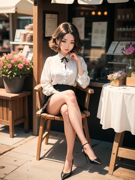 asian cute woman model, innocent face, lace, high heels wearing white shirt black skirt, highly detailed small five fingers on e...