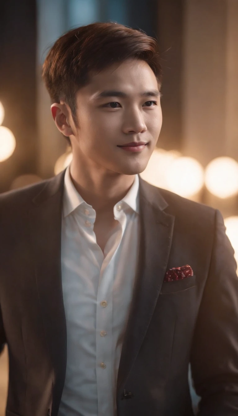 （full body:1.25）, East Asian men, softlighting, Clear face, ((Business suit)), cheerfulness, warm lights, ssmile,, (short detailed hair), Handsome, young, short detailed hair,