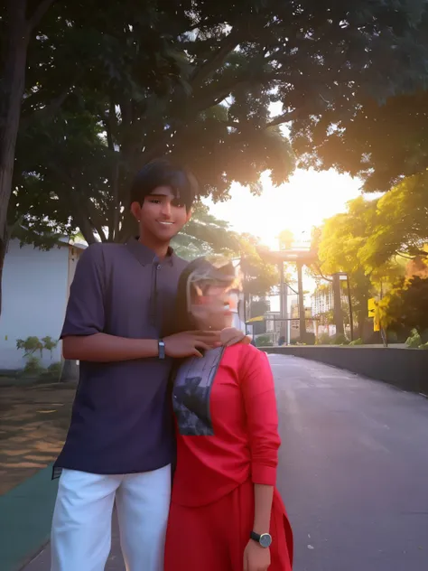 A tall boy smiling and wearing ash tshirt and off white linen pant and a girl with black straight hair wearing pink pakistani shalwar top wearing watch on her right hand. Boy grabing girl neck. Behind of them there is a tree, sunset, street view