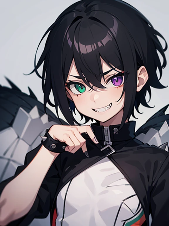 A  girl ,Striped,prison uniform ,with heterochromia,The left eye is purple ,first eye green,black bruises under the eyes , smiles maliciously, short spiky hair ,spiky hair, black  hair, very thin,the fang sticks out,sharp teeth