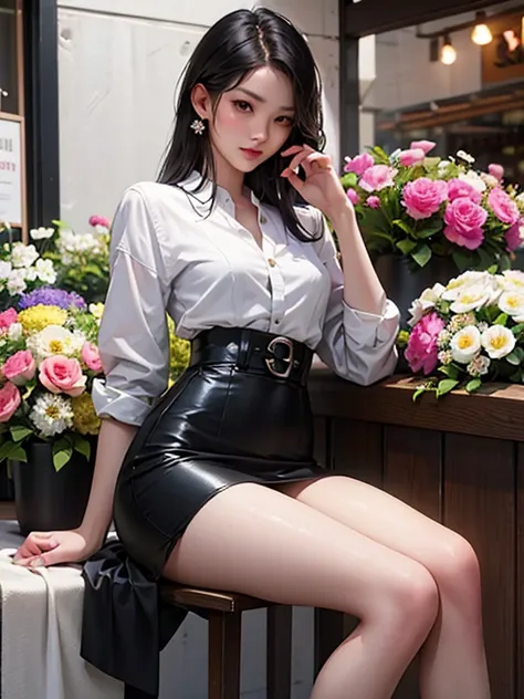 asian cute woman model, innocent face, lace, high heels wearing white shirt black skirt, highly detailed small five fingers on e...