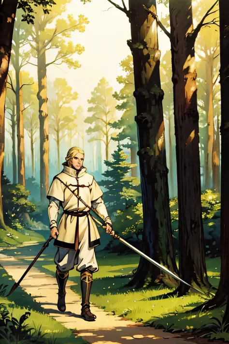 man , blonde , walkin, forest, spear, medival