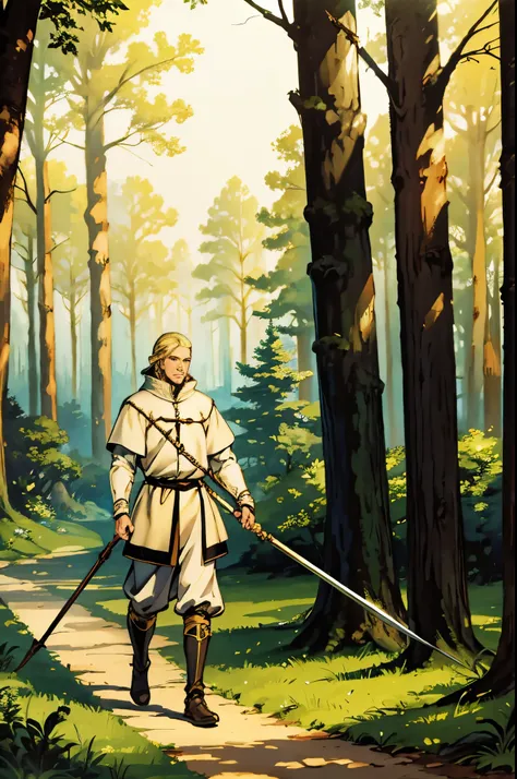 man , blonde , walkin, forest, spear, medival ,sharp face