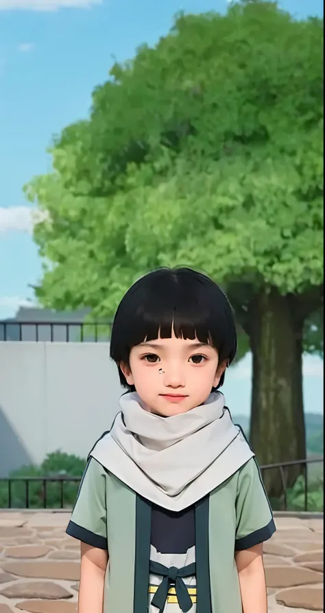 Real life adaption of this character ,The handsome face of a little boy, realistic same hair bowl cut with bangs, (realistic same outfit), realistic background , realistic light, realistic shadow, realism, hyper realistic,(photorealistic:1.2)