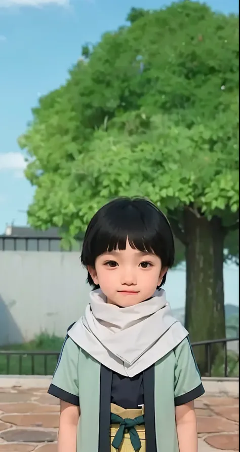 Real life adaption of this character ,The handsome face of a little boy, realistic same hair bowl cut with bangs, (realistic same outfit wear same kimono), realistic background , realistic light, realistic shadow, realism, hyper realistic,(photorealistic:1...