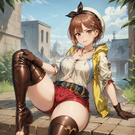 liza, 1girl in, solo, shorts, gloves, belt bag, hat, head ribbon, jewelry, red shorts, brown hair, thighs thighs thighs thighs, ...