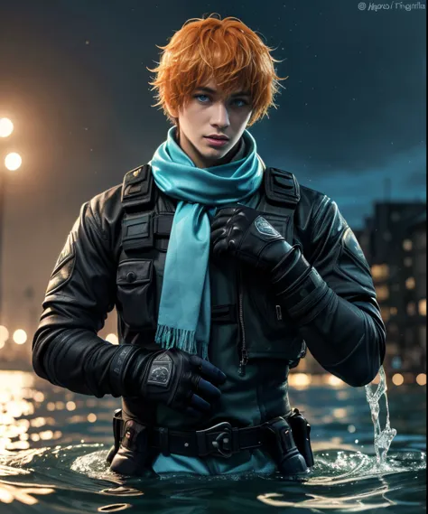 masterpiece, best quality, tartaglia (genshin impact), gloves, mask, male focus, 1boy, blue eyes, black gloves, 独奏, orange hair,...