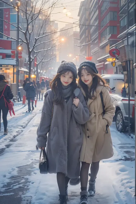 ((top-quality、8K、​masterpiece:1.3))、foco nítido:1.2、(realisitic、Photorealsitic:1.37、In the winter cold that covers the city, Two women walking hand in hand, smiling at each other. i&#39;I&#39;m glad I was able to overcome the cold wind..., Enjoy the city. ...