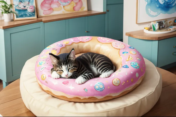 (hightquality、in 8K、Ultra HD)、1 cute kitten、Pattern and color are random、sleeping on a giant donut、On the dining table、Looks good、kawaii、intricate and detailed watercolor painting、Digital Painting、Fantasia