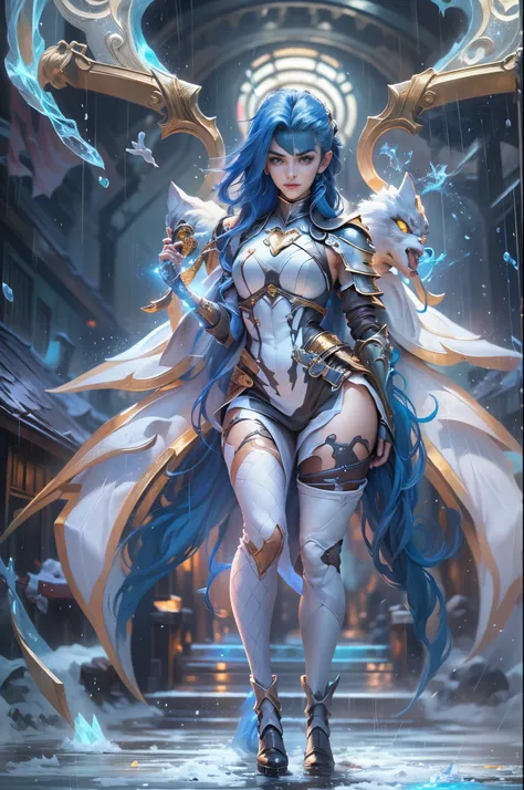 jinxlol, (full bodyesbian, Legs and shoes are visible: 1.2)), jinx (league of legends), (1girl、League of Legends Jinx), ((Very long double ponytail, dark-blue hair,)) Kungfu, ((Wearing golden futuristic technology titanium alloy armor: 1.5，head to toe，Crys...